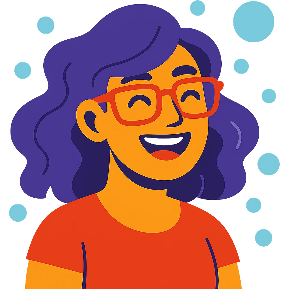 woman with purple hair and red glasses, smiling and surrounded by bubbles, representing her love for fizz emoji