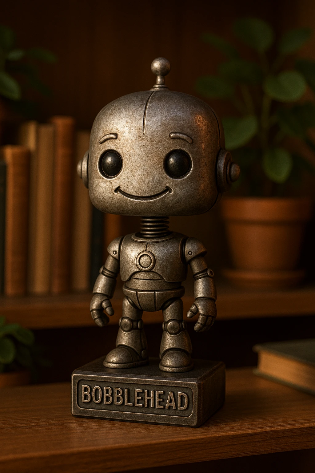 a robot bobblehead, metallic texture, friendly expression, cartoonish style emoji