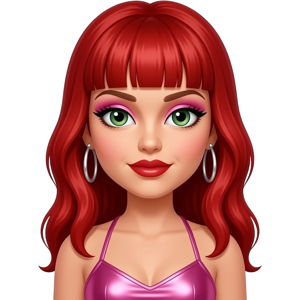 Carmit Bachar from The Pussycat Dolls with hazel-green eyes, long red 2000s bang hair, pink eyeshadow, red lipstick, pink metallic halter dress, earrings emoji