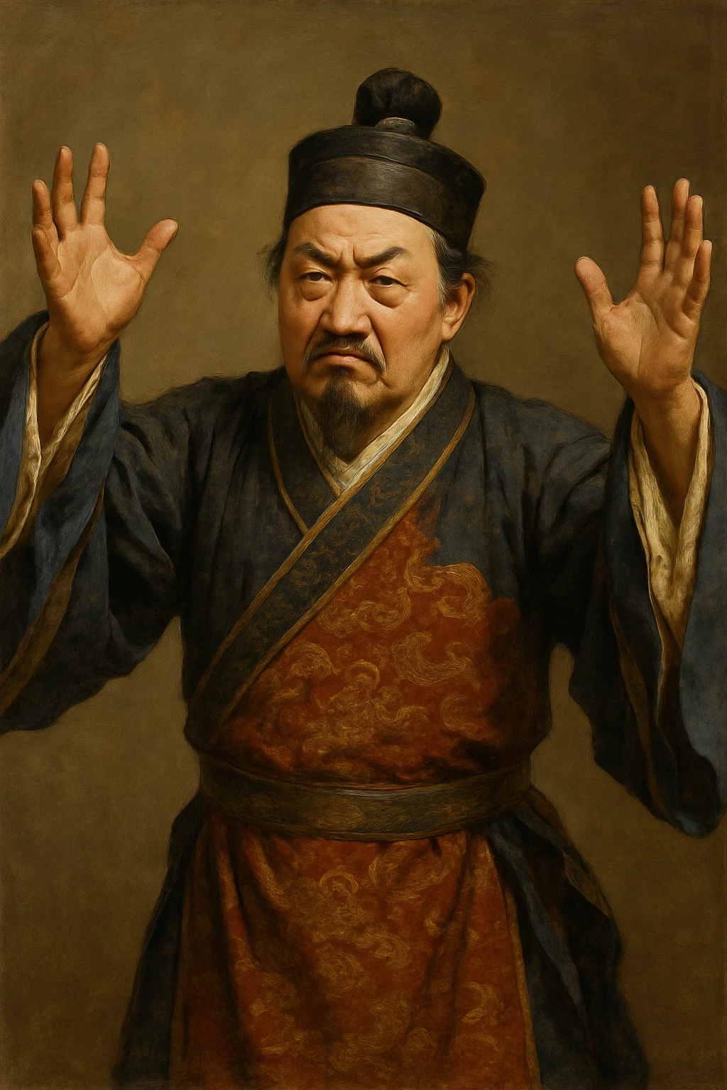 Сгенерируй азиата в национальном средневековым китайском костюме, он чуть недоволен и размахивает руками, в стиле реалистичной живописи. ОН ПОЛНОСТЬЮ ПОМЕЩАЕТСЯ НА ИЗОБРАЖЕНИЯ И НЕ ОБРЕЗАЕТСЯ ЕГО КРАЯМИ. На однородном фоне emoji