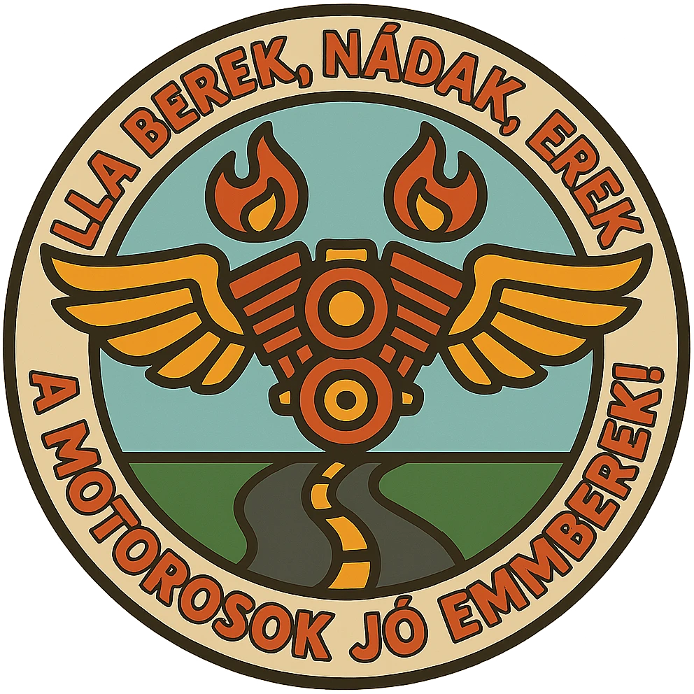Edit the image to correct the text to exactly: 'ILLA BEREK, NÁDAK, EREK A MOTOROSOK JÓ EMBEREK!' Keep the graphic, style, and layout unchanged. The image should remain circular with a transparent background. Maintain the main motorcycle motifs but create 10 different variations with slight differences in colors or details while preserving the core theme and style. emoji