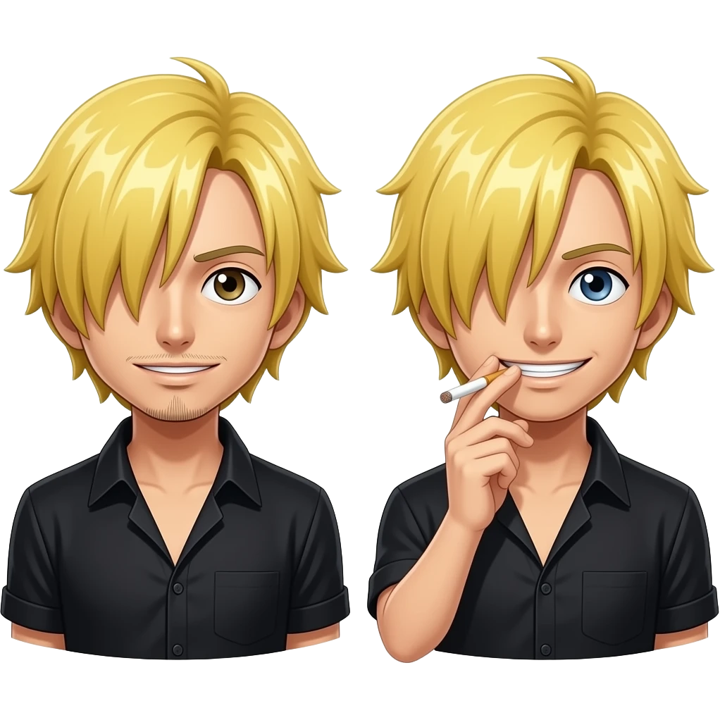 Create Sanji in One Piece. He usually wears a black shirt and smokes a cigarette. Before the time skip, his blond hair covers his left eye. After the time skip, his hair covers his right eye. emoji