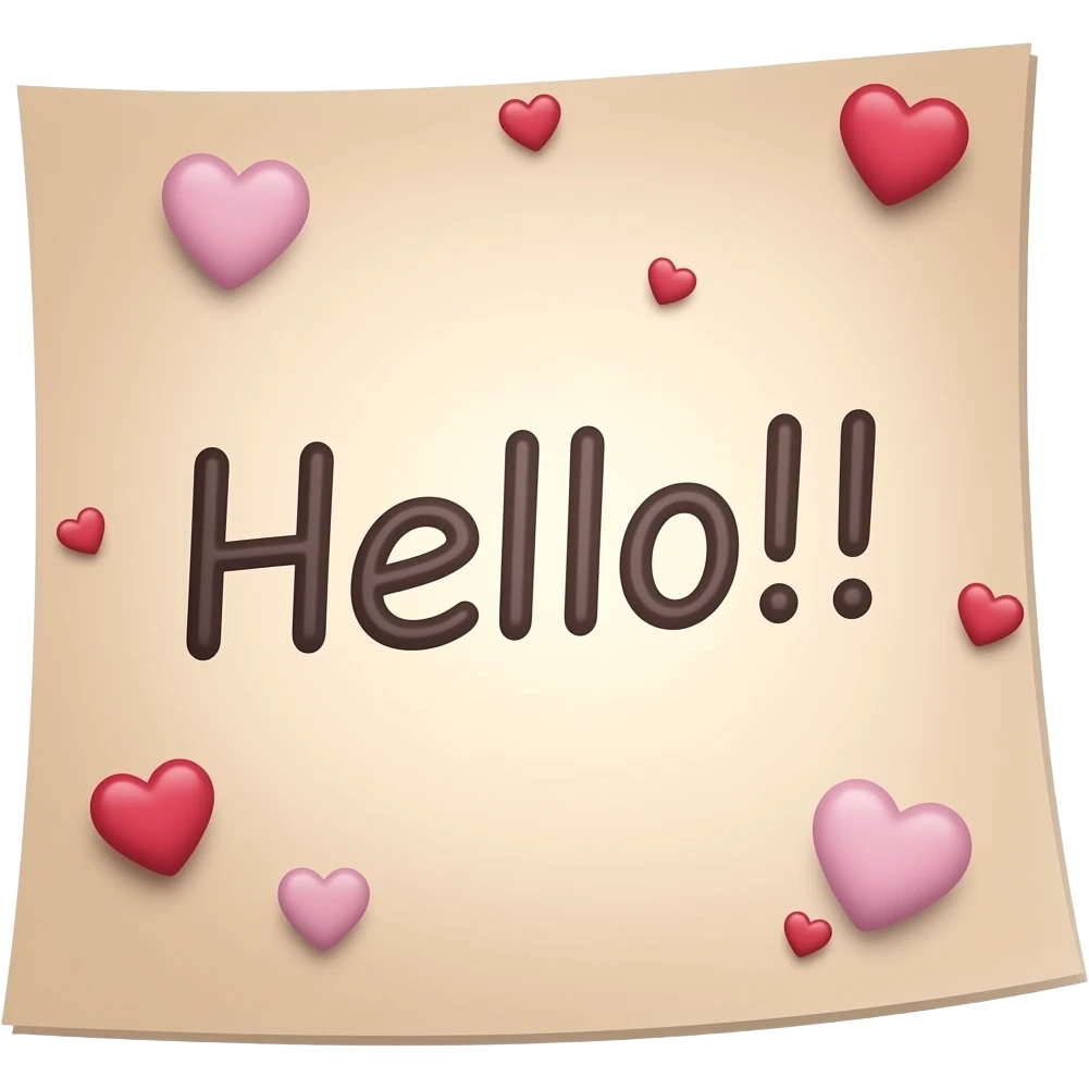 Sticky note that says "Hello!!" with many tiny hearts in transparent emoji
