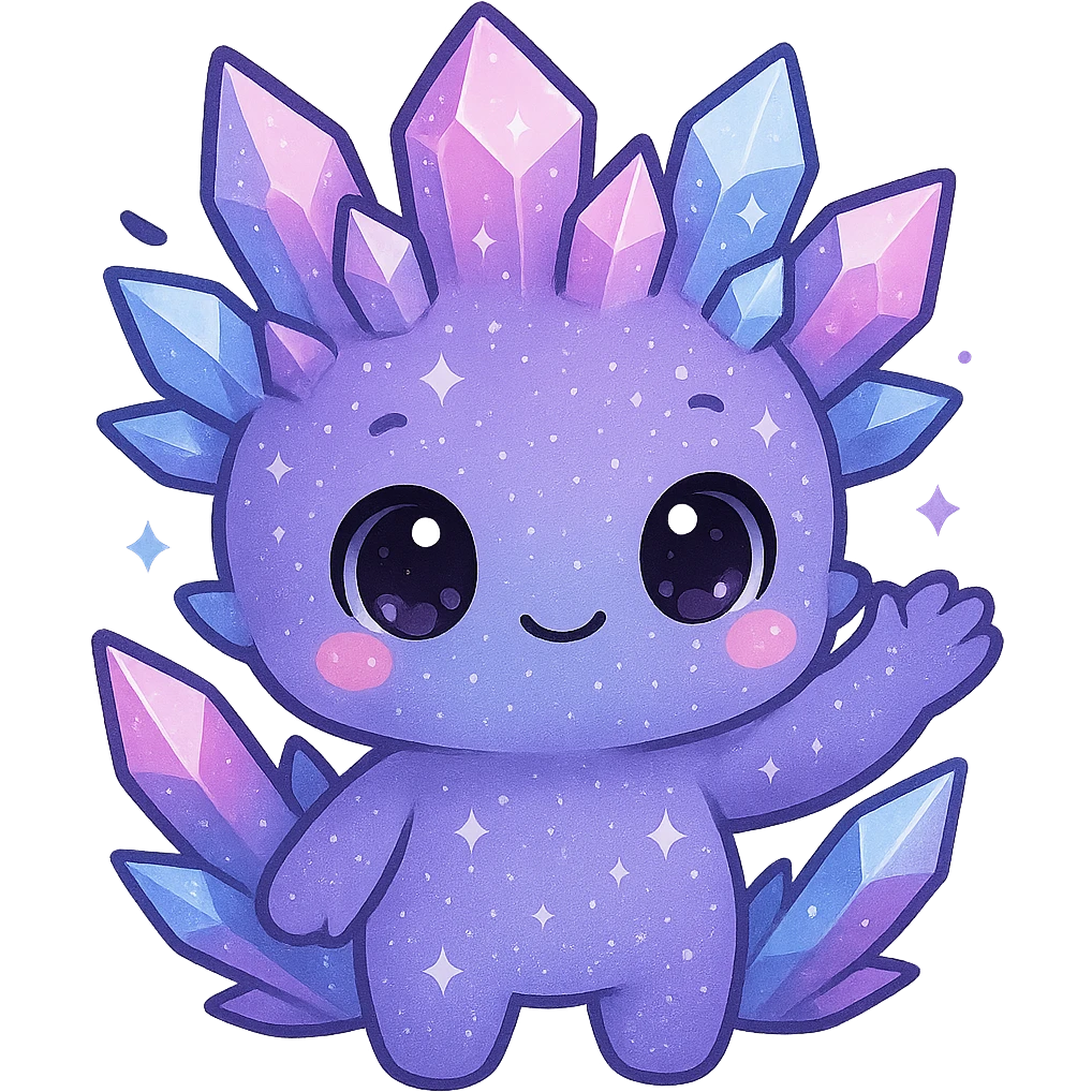 Create a kawaii chibi crystal sprite creature waving, colored purple, blue, and pink. The creature should be cute and sparkly with a small body. Remove the background. emoji