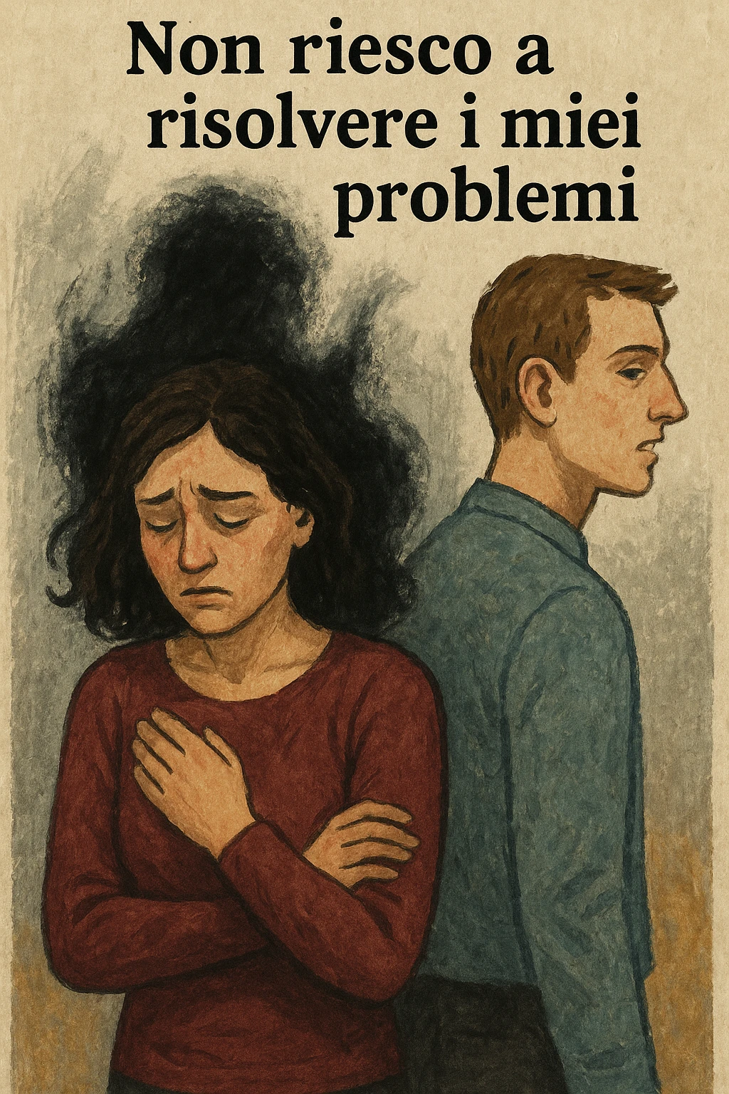 Vertical format: A woman with a silhouette of negative energy on her shoulders, a man next to her who seems unaware, text in Italian: 'Non riesco a risolvere i miei problemi'. emoji