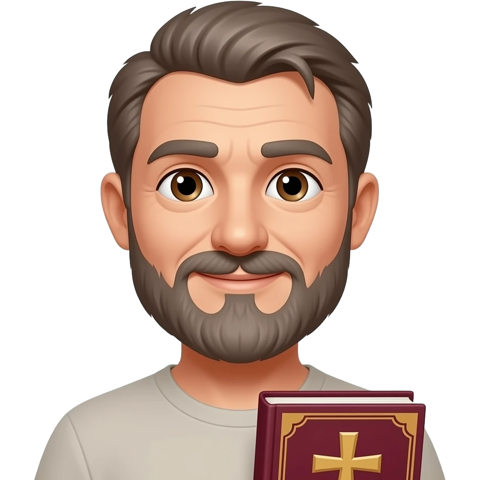 wise old man with grey brown hair no collar slight smile brown eyes beard with burgundy book that has a cross on it no circle emoji