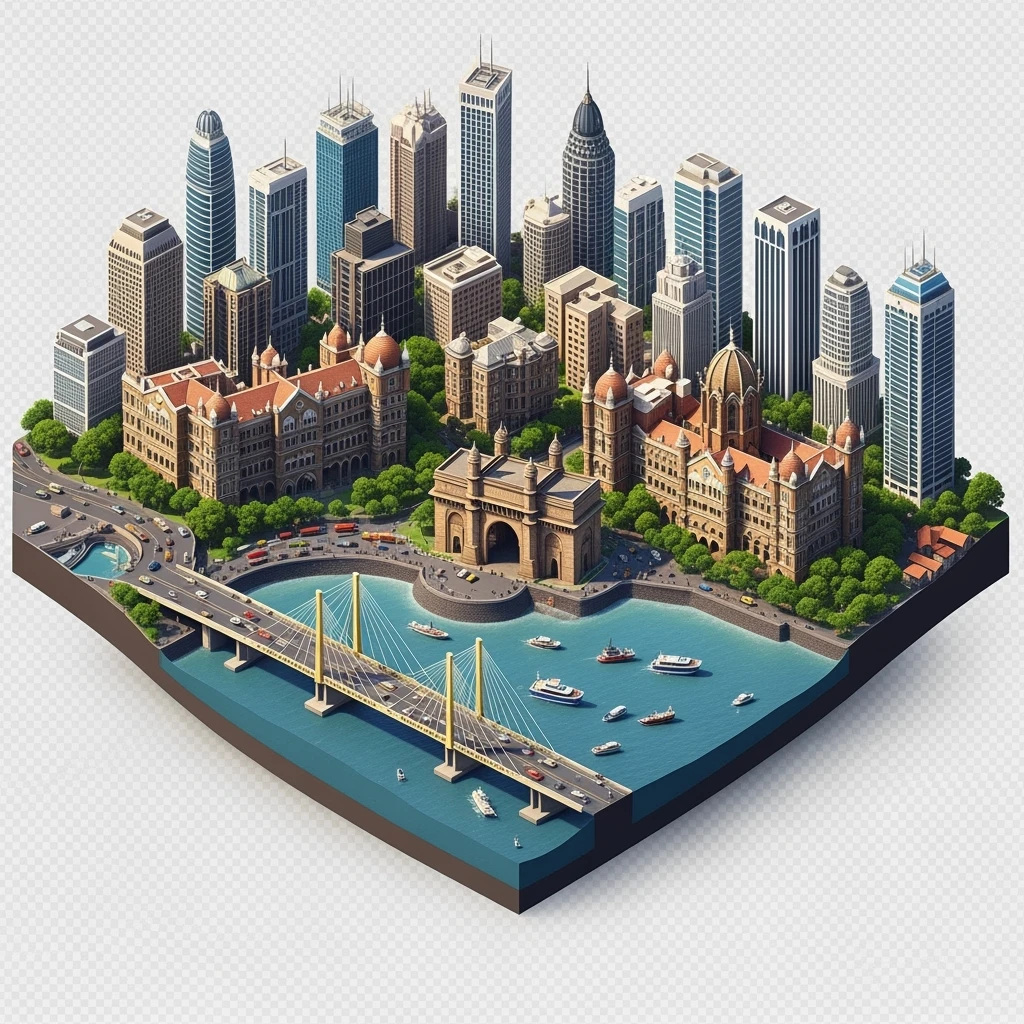 Isometric miniature of Mumbai city, featuring iconic landmarks like Gateway of India, Bandra-Worli Sea Link, Chhatrapati Shivaji Terminus, and skyscrapers, 3D miniature effect and Tilt Shift effect, no cartoonish look, transparent background. emoji