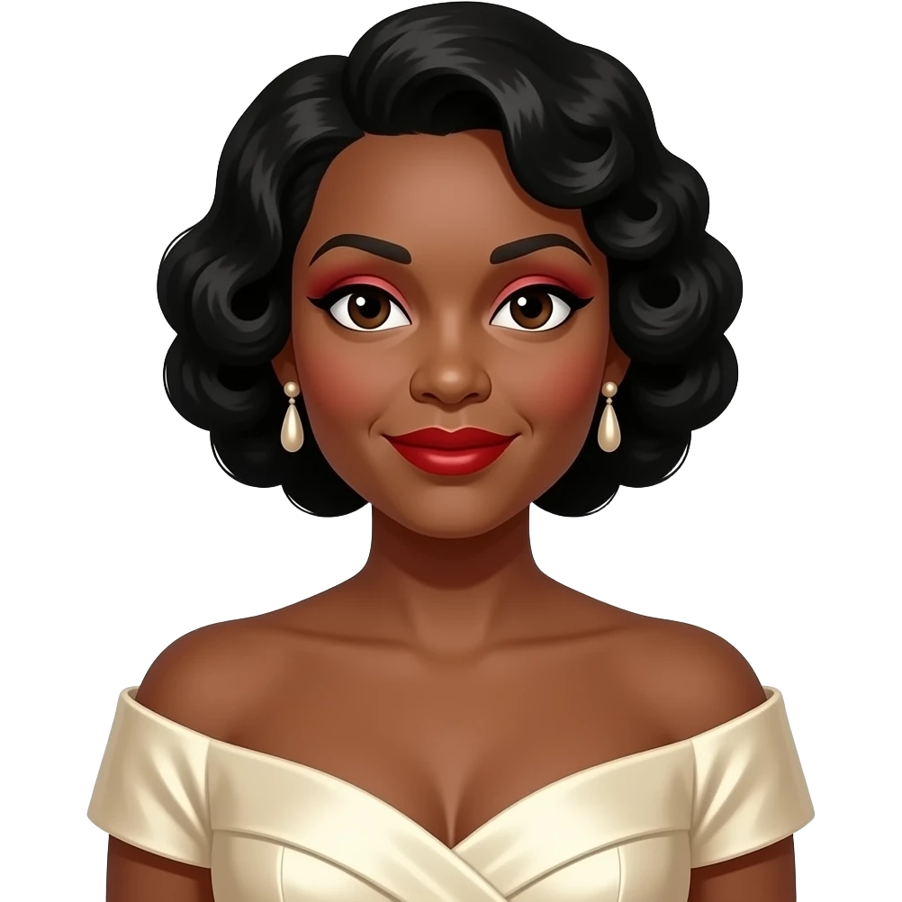 Marian Anderson with dark brown eyes, black 30s soft curled bob hair, red eyeshadow, red lipstick, ivory metallic off shoulder dress, earrings emoji