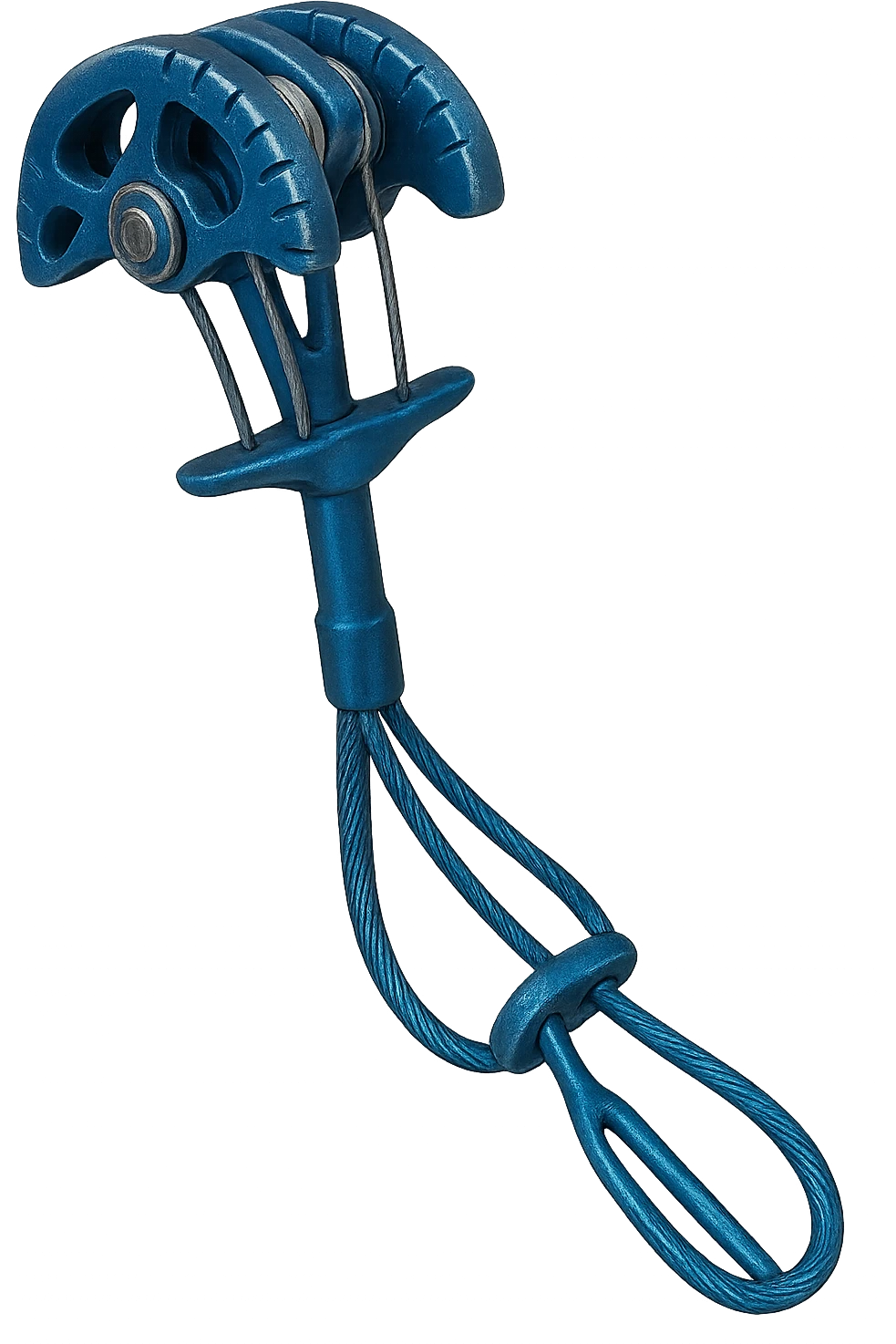Trad climbing camming device in blue, metallic, with lobes and a stem, isolated on transparent background, realistic metallic texture and details emoji