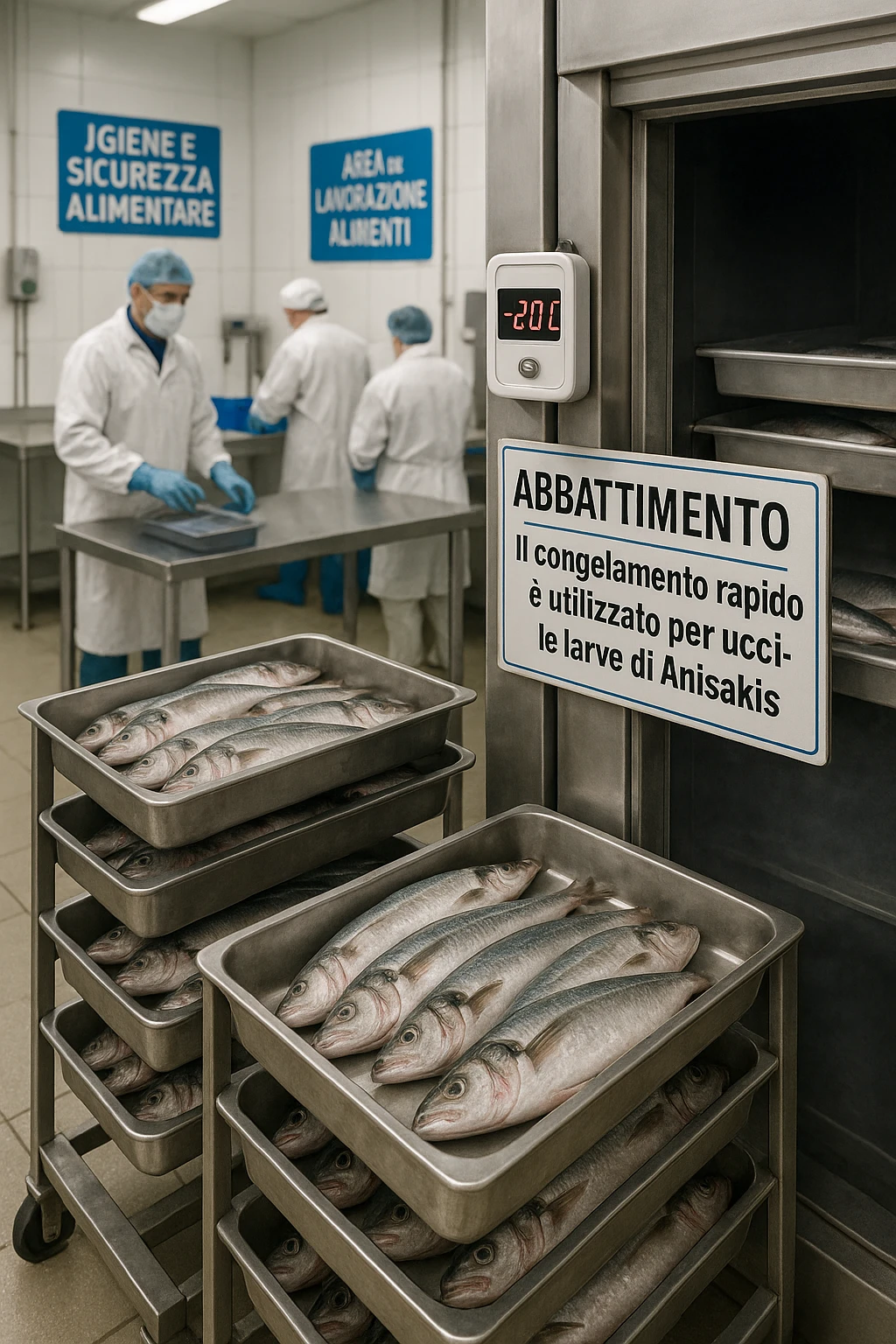 a fish processing facility where freshly caught fish are placed on trays and moved into a large industrial freezer. A temperature gauge shows -20°C, and an educational label explains that rapid freezing (abbattimento) is used to kill Anisakis larvae. The background includes workers in protective clothing and clear signage about food safety. in italiano emoji