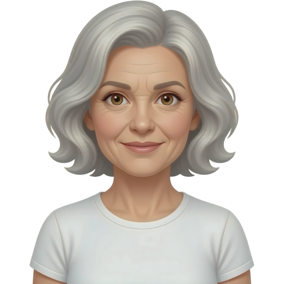 Style: 3D Memoji style, simple render, no outline, soft studio lighting, white background. Character: 70s elegant woman, wavy silver bob, brown eyes, white t-shirt. Skin: natural healthy glow, dewy interior glow, subtle age wrinkles around eyes and mouth, realistic aging texture. emoji