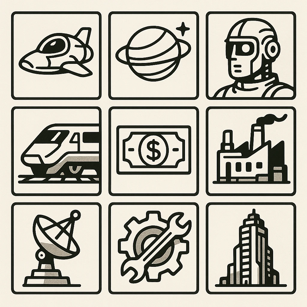 large resolution square minimal icons, space semiotic, black print on white background, square outline icons, sleek symbols, transportation, economy, engineering, industry. Designed for signage. futuristic dystopian futurepunk cyberunk emoji
