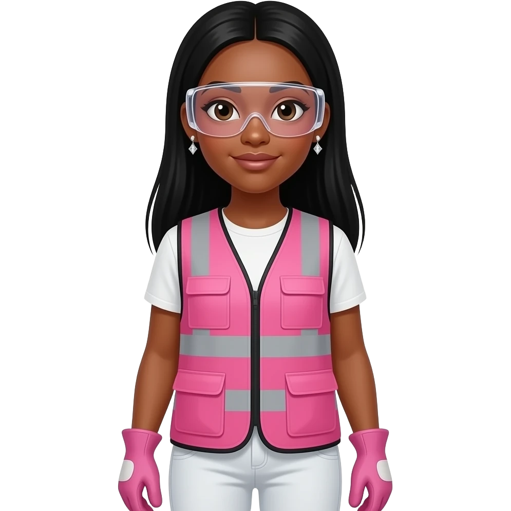 African American woman with brown eyes with long black straight hair wearing diamond earrings wearing pink and clear safety glasses wearing a pink construction vest wearing white pans wearing pink construction vest wearing white pants wearing pink construction gloves emoji