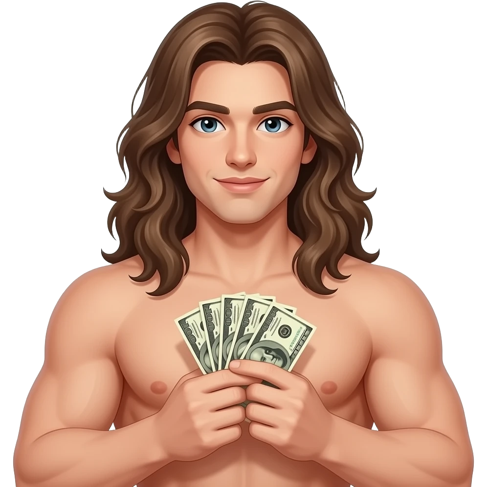 rich muscular shirtless twink with extremely long brown hair holding money emoji