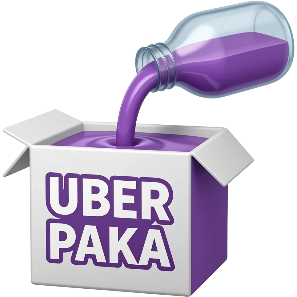 a box from which purple syrup is poured, with a large and legible inscription "UBER PAKA" on the front emoji