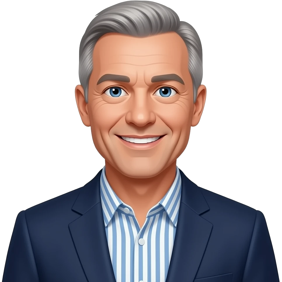 DJR - man, friendly smile, mid 70's, thinning grey hair, blue eyes, slim face, blue and white vertical striped button up shirt, dark blue blazer emoji