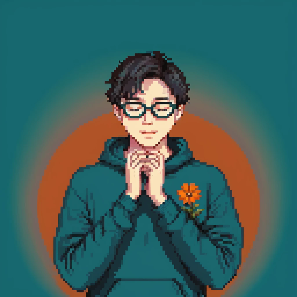 A young man with short black hair and glasses, standing outdoors with both hands forming a flower pose under his chin, wearing a dark teal sweatshirt, bright cheerful vibe, blurry street scene with cars and trees in the background, detailed pixel art style emoji