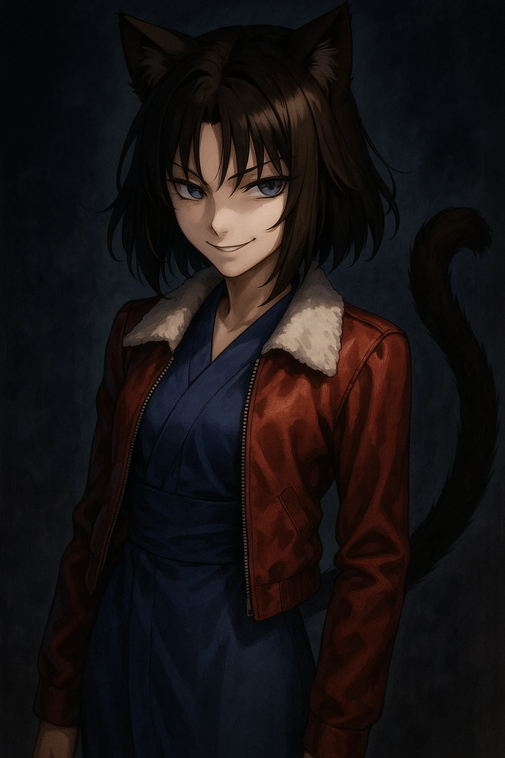 Ryougi Shiki with cat ears and cat tail, looking deceptive, sly expression, signature outfit emoji