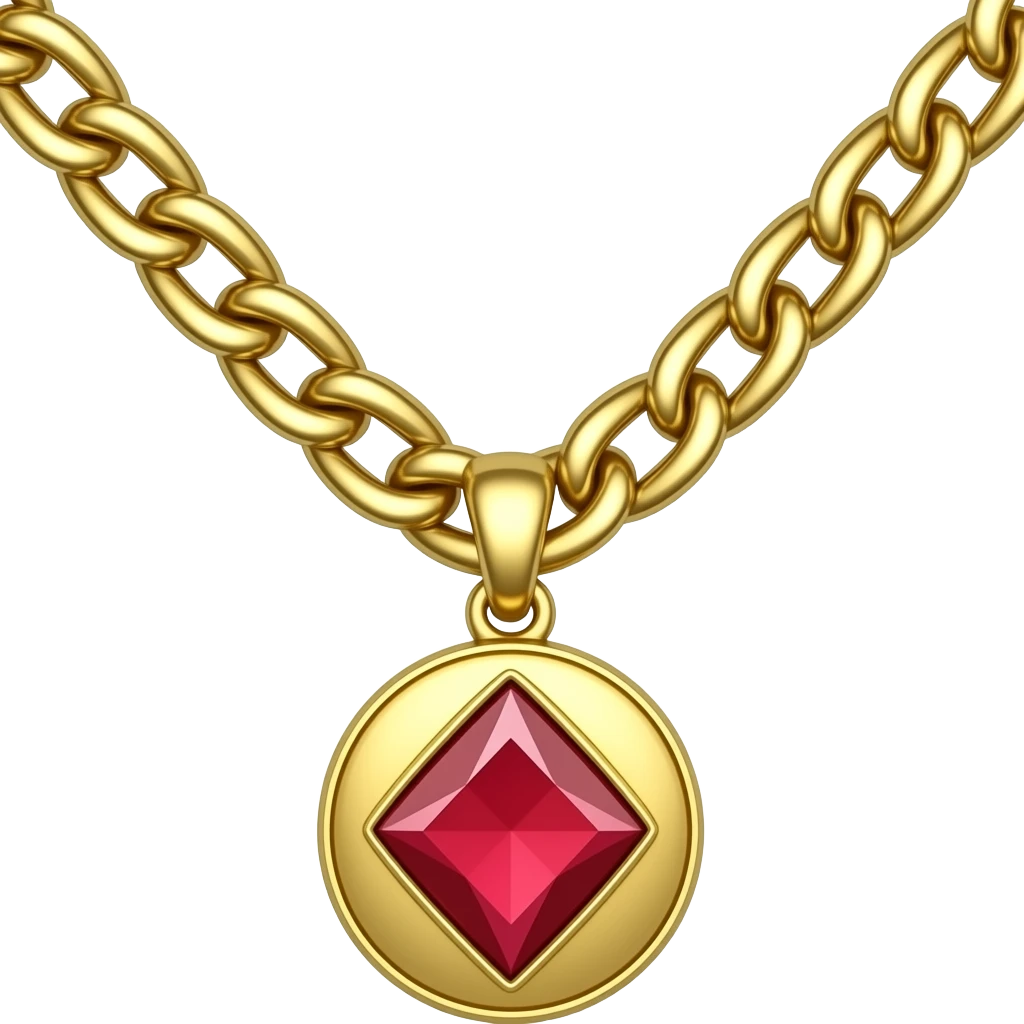 Emoji style, a chunky golden chain necklace with a circular gold medallion, featuring a red rhombus-shaped ruby gem in the center, glossy metal, vibrant red gemstone, white background. emoji