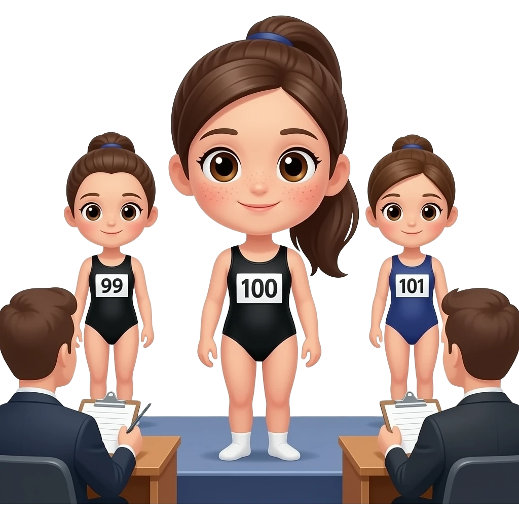 A short girl with freckles and brown eyes and long dark brown hair pulled back in a ponytail in a leotard on a stage with the number 100 taped onto her with girls on the sides of her with numbers before and after 100 like in an audition way and judges sitting in front emoji