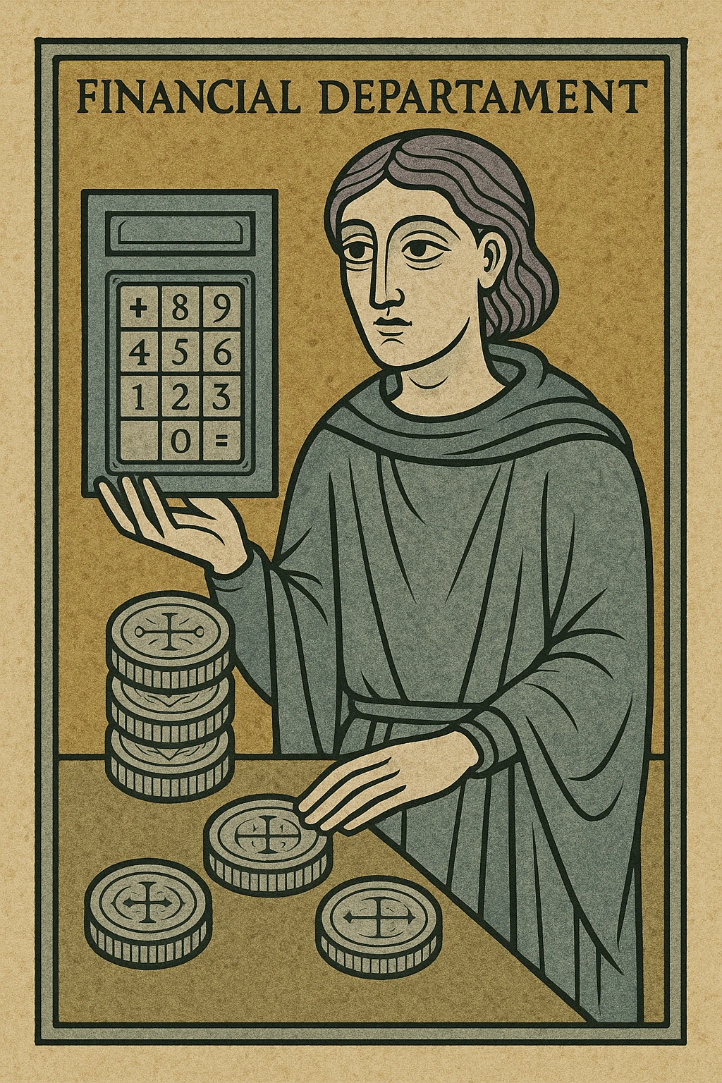 financial department icon, classic style, with calculator and coins emoji