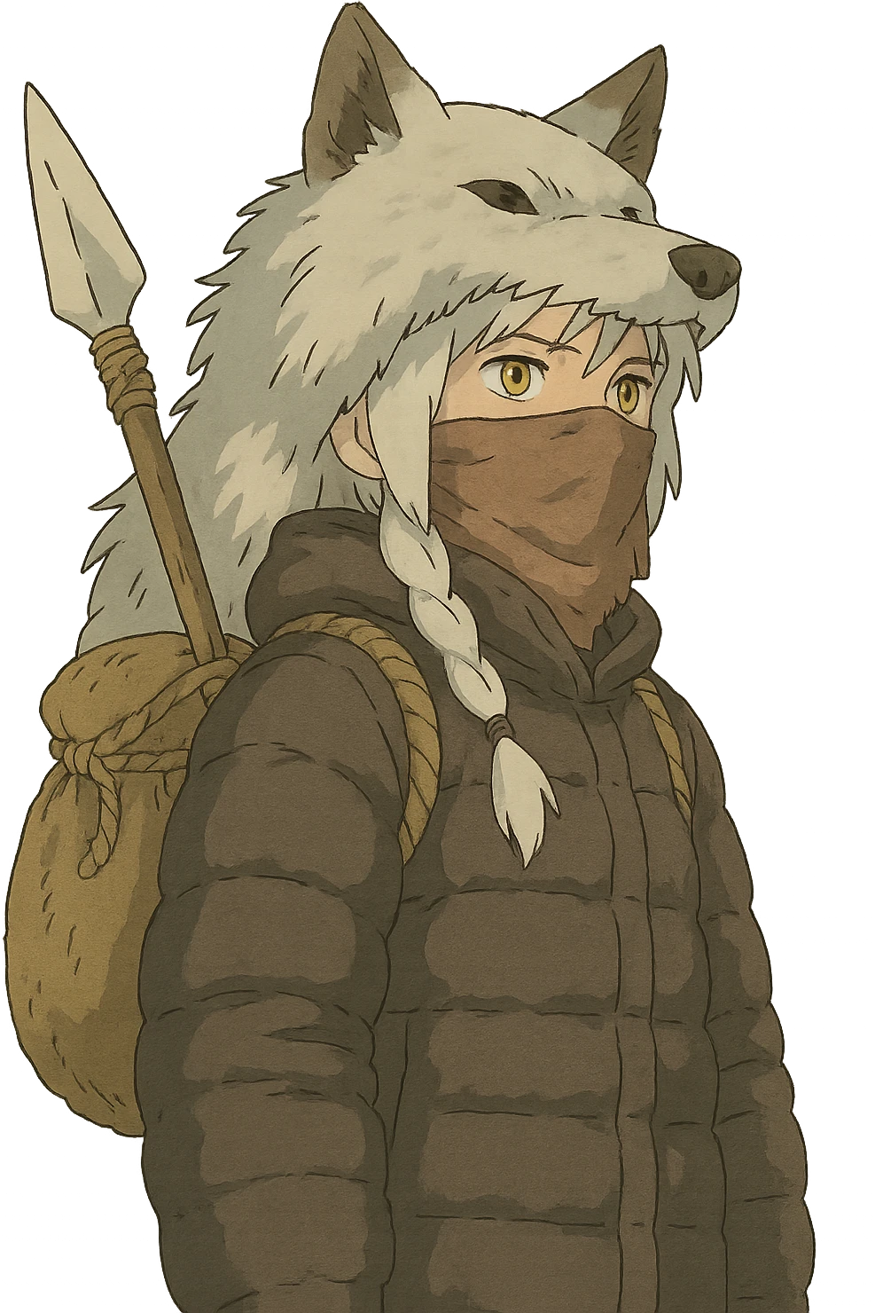 1 female, gold yellow eyes, white hair with a single long braid, wolf headdress, rag face covering, dark colored puffer parka, gazing into the distance. overcast lighting. the has a burlap bag-rope backpack, and a wooden spear with a bone knife tip emoji