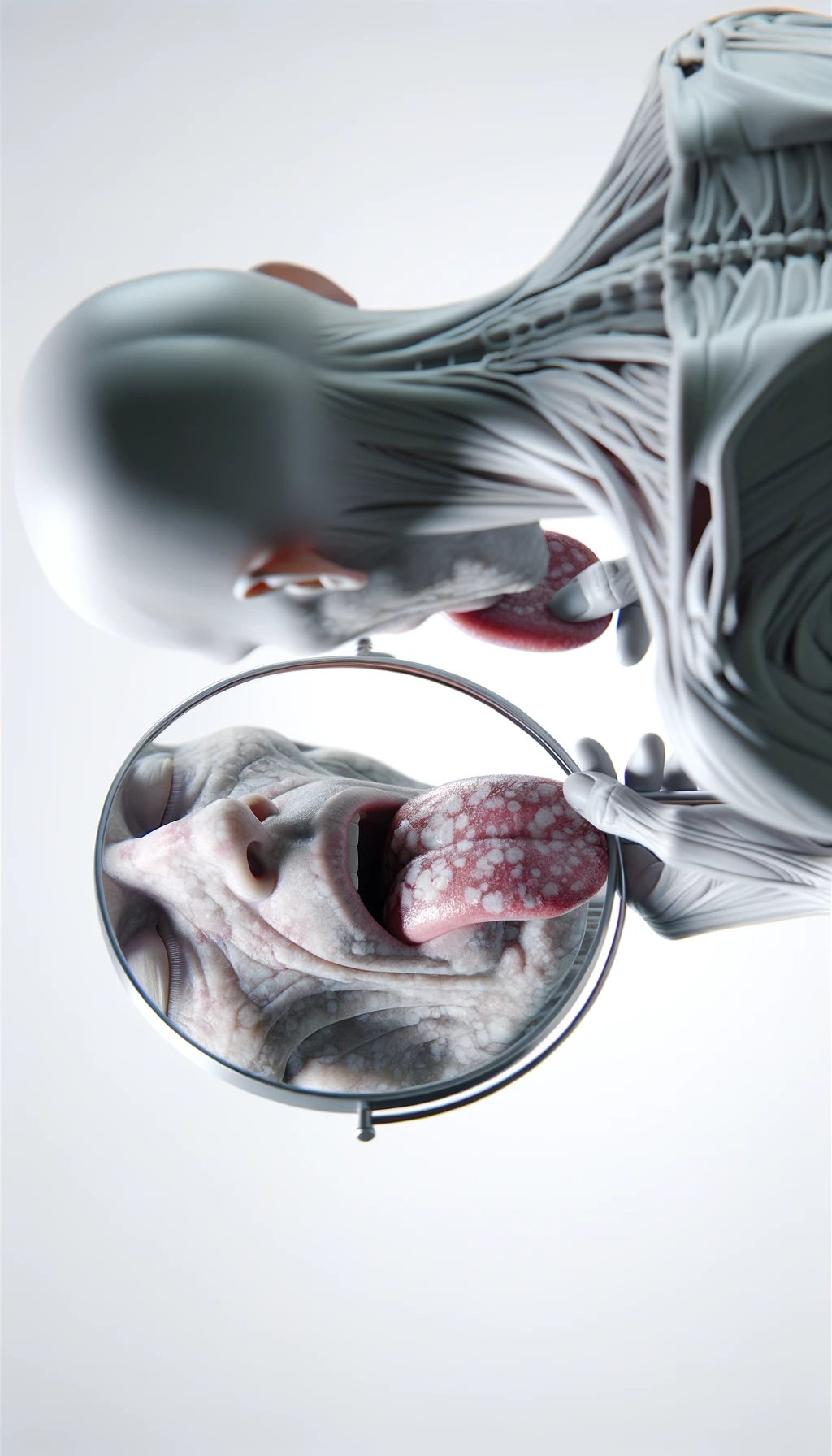 CORPO UMANO ANATOMICO IN PIEDI  A FIGURA INTERA CHE SI GUARDA LA LINGUA ALLO SPECCHIO , TIENE LA LINGUA FUORI E LA LINGUA è PIENA DI MACCHIE BIANCASTRE, NEUTRAL CLEAR BACKGROUND, iperrealistico 4k emoji