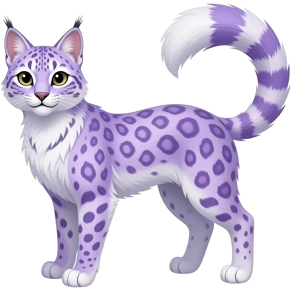 realistic elegant lanky feathery, pastel violet-purple, whitish, fantasy-caracal-civet-snow-leopard-bobcat-genet-animal-Fakémon-hybrid, long thin tufted tail emoji