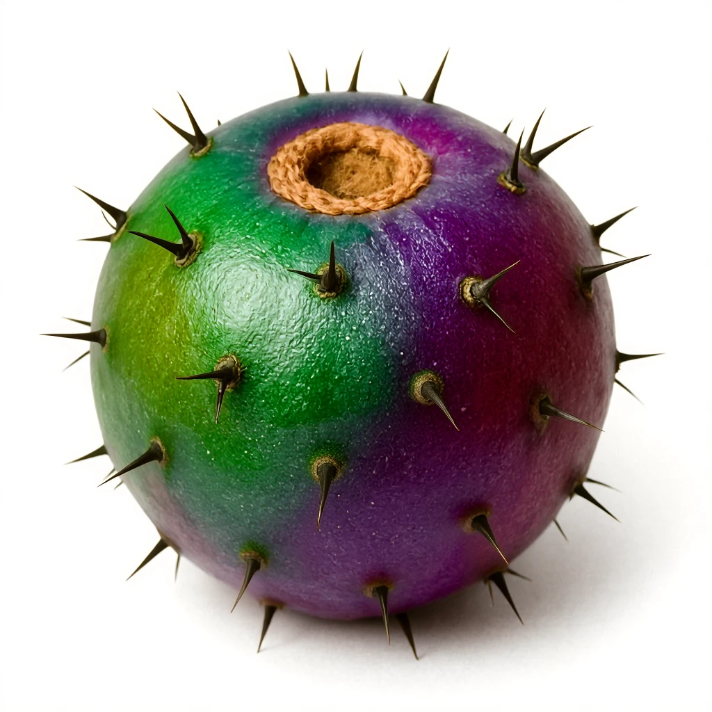 Transform the Stenocereus fruit into a less smooth, bumpy fruit with pronounced bumps where the spikes are. Apply a greenish, purple, and reddish gradient to the skin, inspired by the provided reference images. Keep the background white. emoji