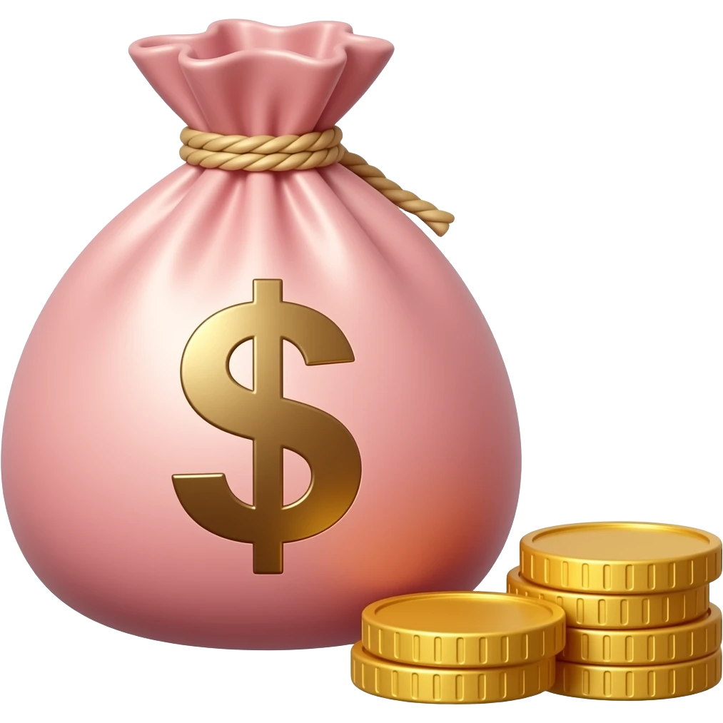pink money bag with no sign and 3 coins on top of each other beside the bag emoji