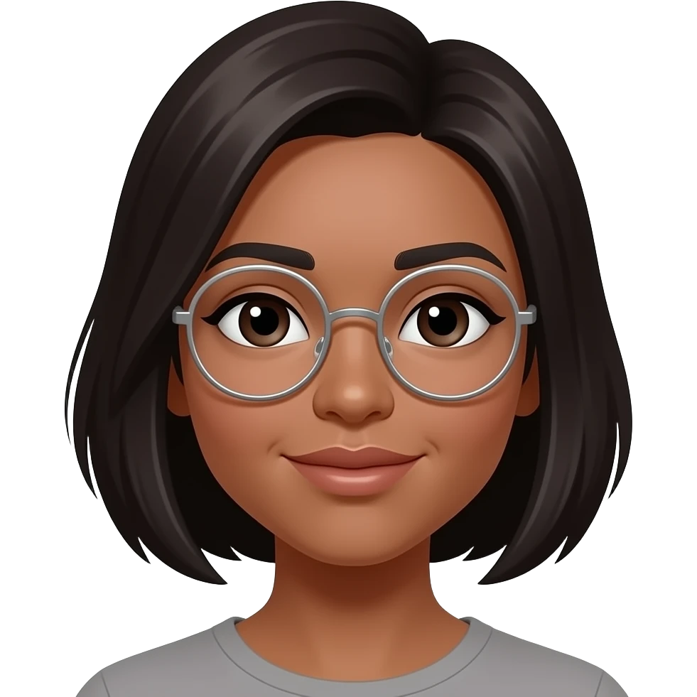 Dark brown coloured skin a small nose delicate cheeks dark doe eyes and soft lips dark short shoulder length hair and round silver thin frame glasses emoji