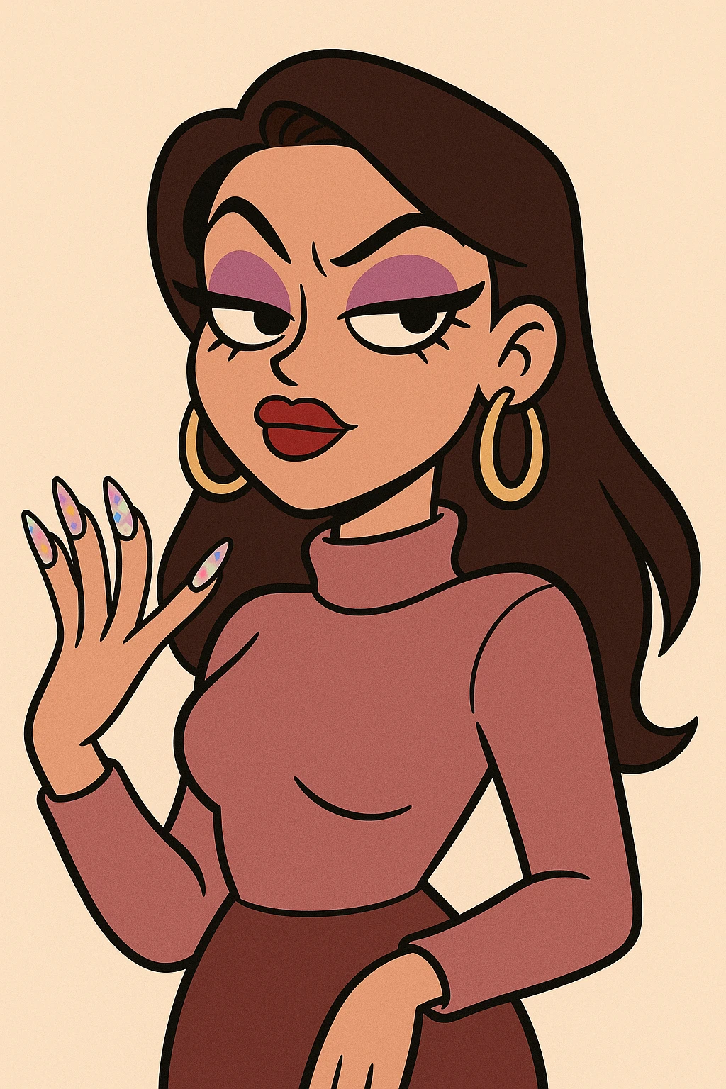 confident stylish woman with long decorated nails bold makeup sassy expression modern cartoon style emoji