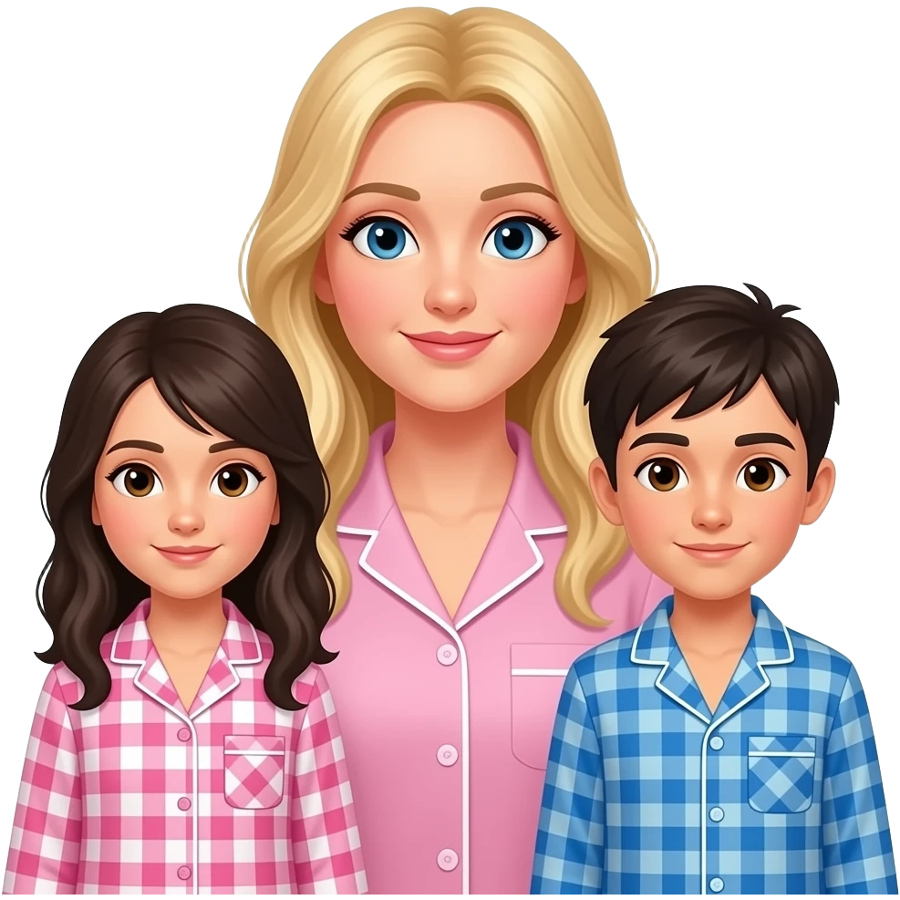 Woman with long blond hair blue eyes with 2 dark haired daughters with brown eyes all wearing pink gingham pjs and dark haired son wearing blue gingham pjs emoji