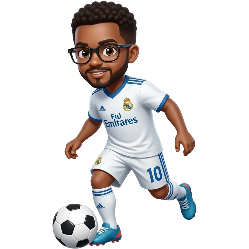 black boy with glasses playing football with a madrid jersey and mustache and beard emoji