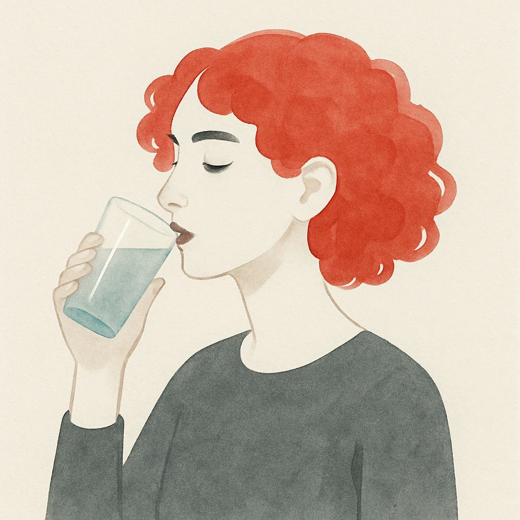 goth girl with red cherry curly hair drinking water emoji