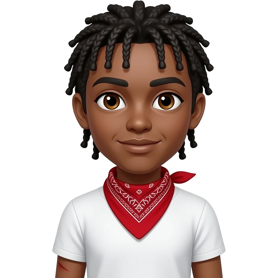 Short braids white t shirt tiny scar on left arm black skin red bandanna brown eyes emoji