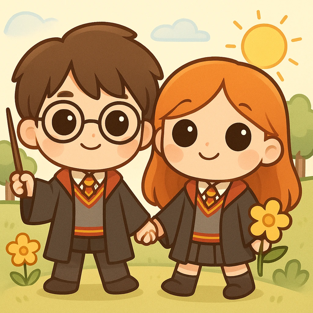 Transform Harry Potter and Ginny Weasley into an even more chibi style with larger heads, smaller bodies, and big expressive eyes, while keeping the simple line style and the original background scene. emoji