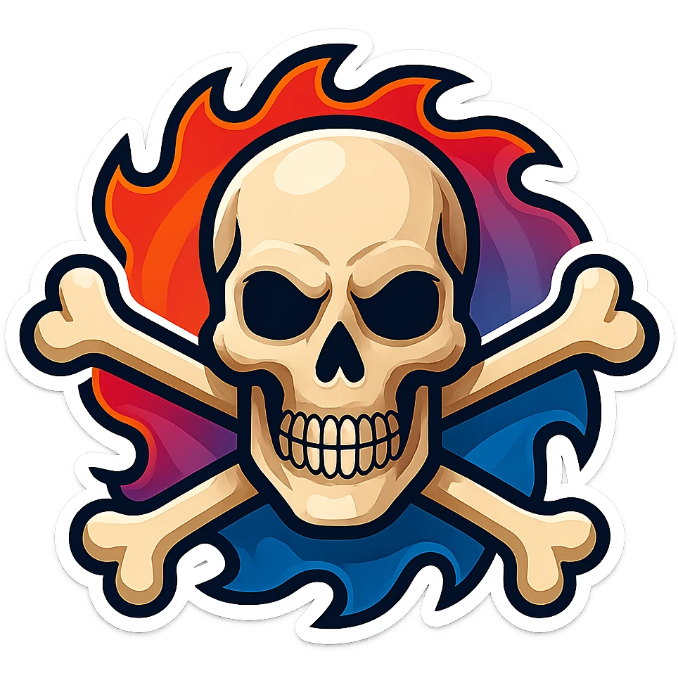 Reimagine the subject in a bold, high-contrast, graphic retro sticker style. Preserve the skull, crossed bones, and saw blade elements, but simplify and stylize them for a clean sticker look. Ensure the subject is fully inside the image borders. emoji