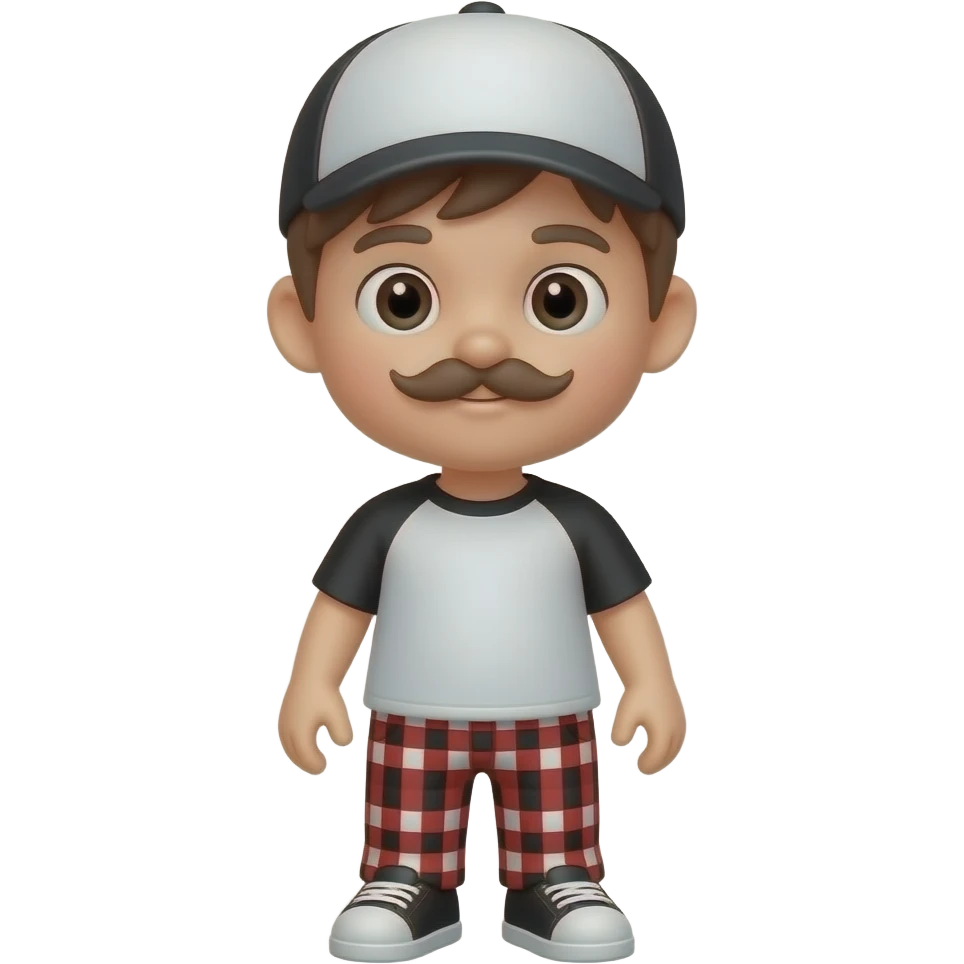 3D emoji of a 7-year-old boy, black and white t-shirt, red-black-white checkered pants, black and white cap, small mustache, clean style, cute face emoji