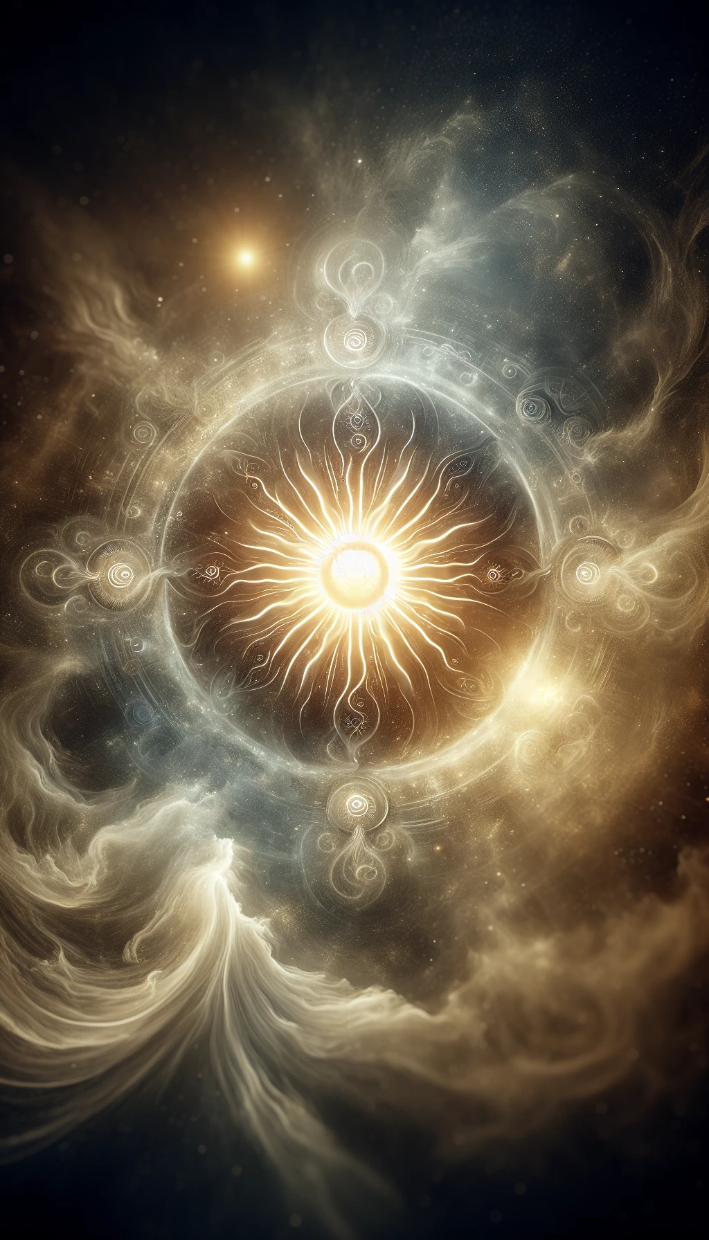il sole è dio, sfondo mistico neutro chiaro, attorno al sole fluttua una magia mitologica, iperrealistico 4k emoji
