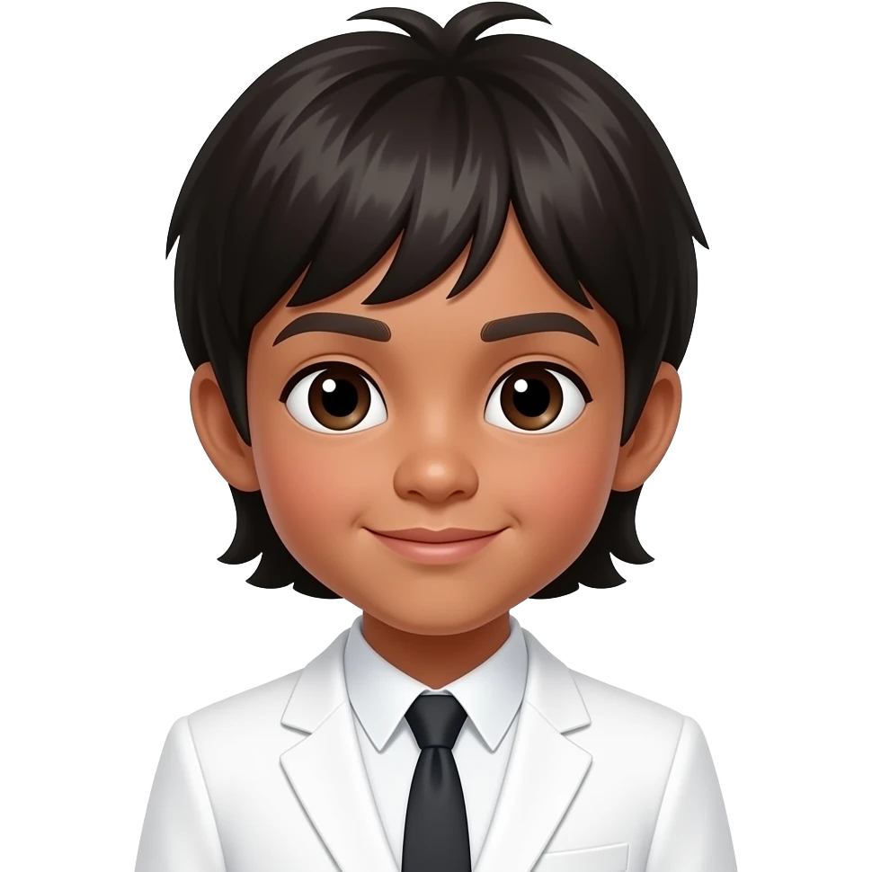 A dark skinned midget philipino child with a mushroom cut wearing a white suit with a haircut like the Beatles emoji