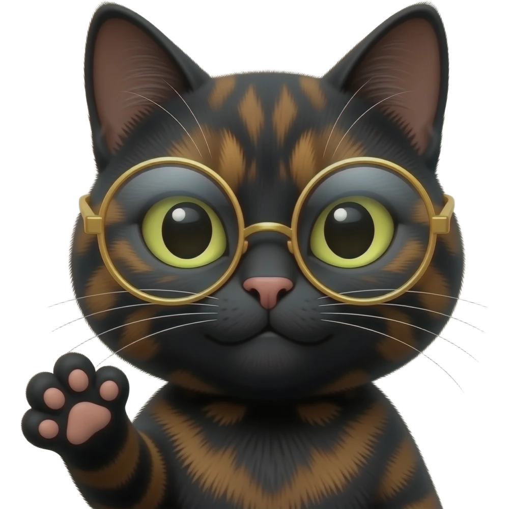 A mostly black Tortoiseshell cat face emoji with a sneaky smirk with round gold glassed and on paw up, with balm up . Only face and cat paw. emoji