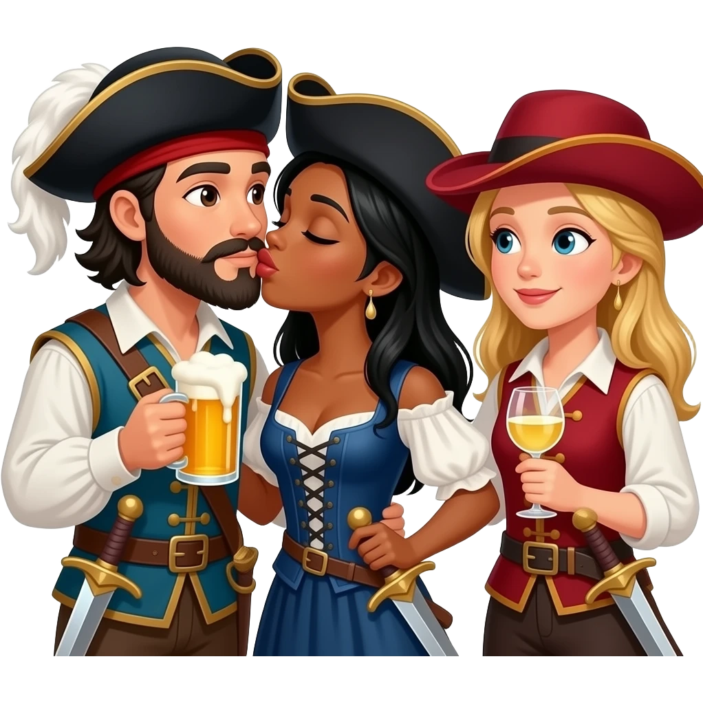 Three musketeers with swords and hats. One guy with black hair, beard and dark brown eyes, one girl with black hair and tanned skin and one girl with blond hair. The guy is drinking beer and the girls white wine. Guy kissing the girl in the middle. emoji