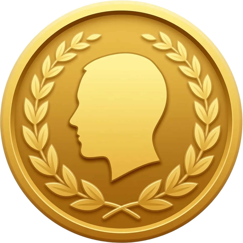gold coin with large head in center and laurel emoji
