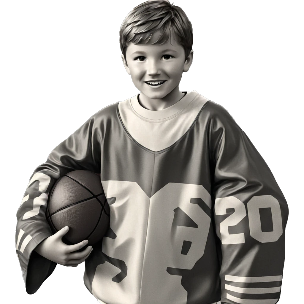 smiling boy with basketball emoji