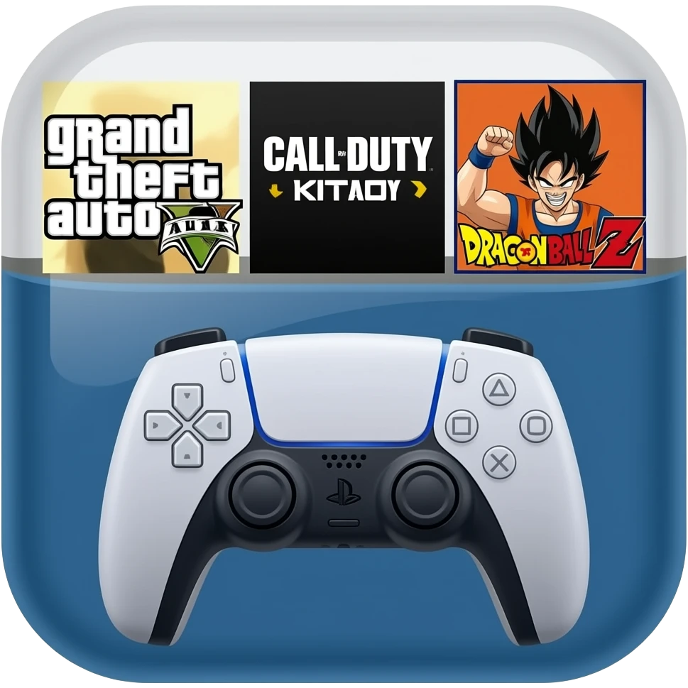icone avec a l interieur des icone de jeu grand theft auto 5   call off duty et dragon ball z et une mannette ps5 devant emoji
