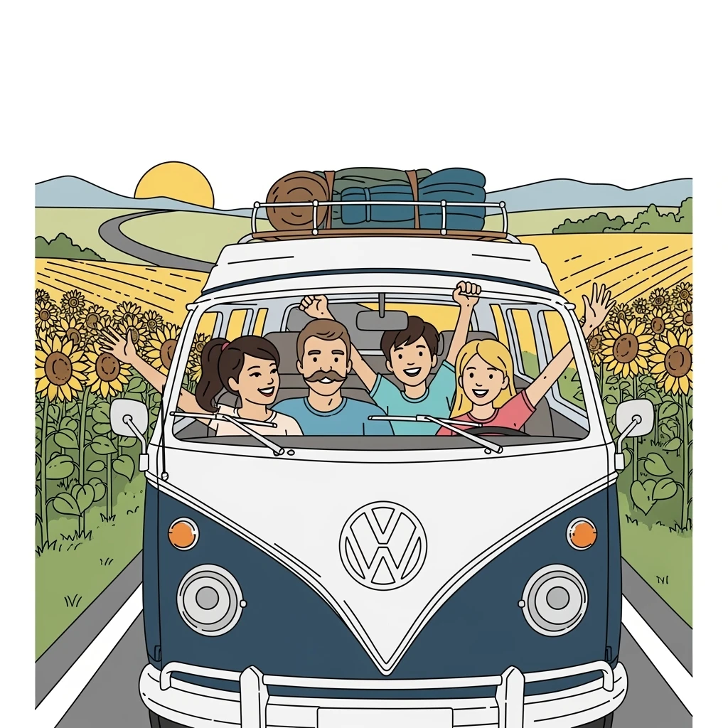 color vector art with thin outline of family on road trip with volkwagon van  emoji