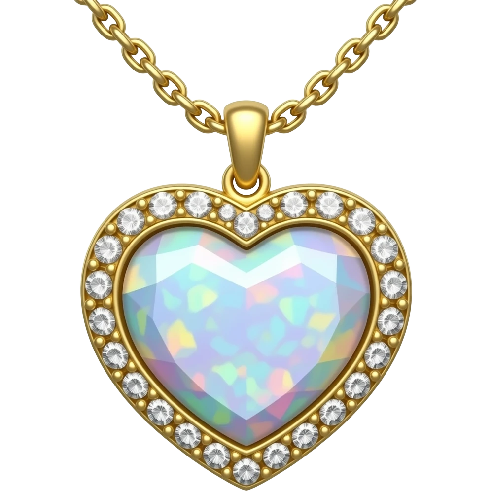 Hyperrealism, 4d rendering isolated crystal opal heart charm, 14k sparkling Gold necklace emoji