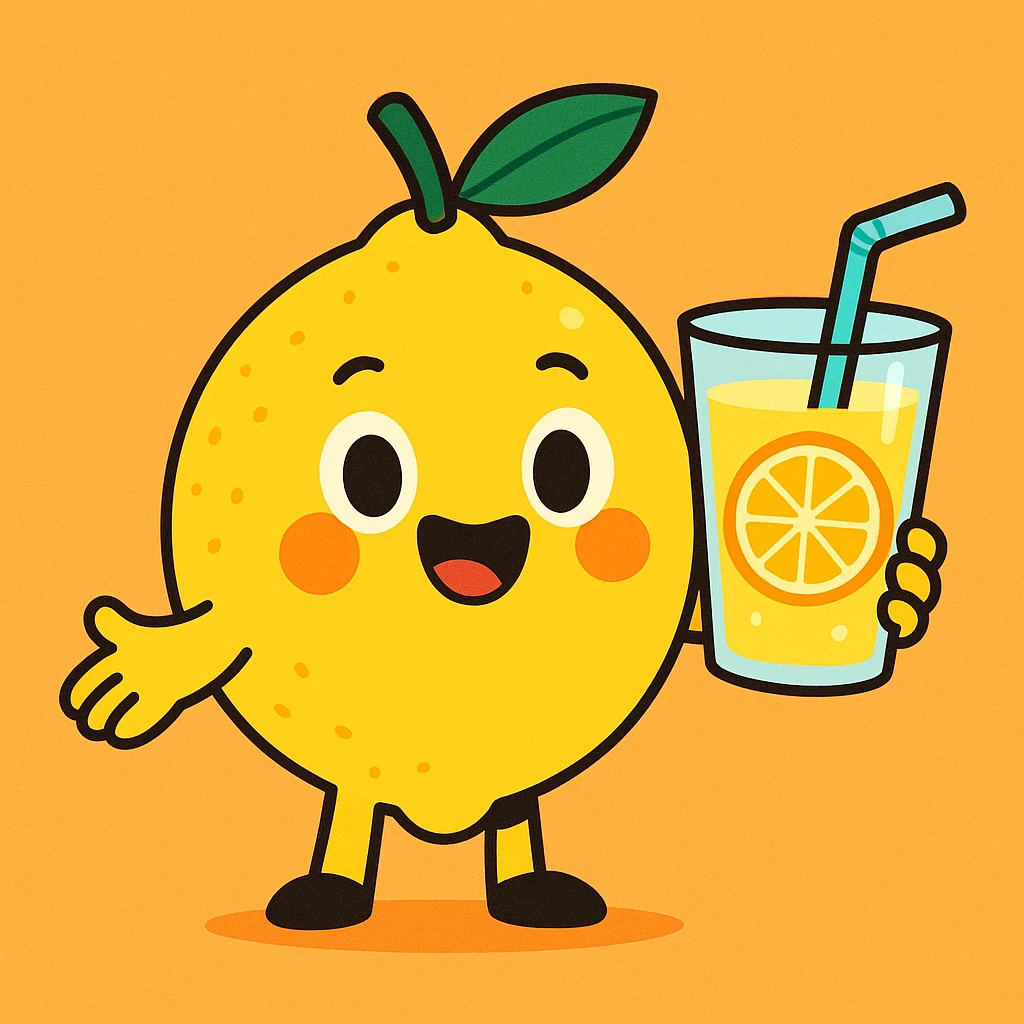 a cute lemon character holding a glass of lemonade, cheerful and bright, adorable and friendly emoji