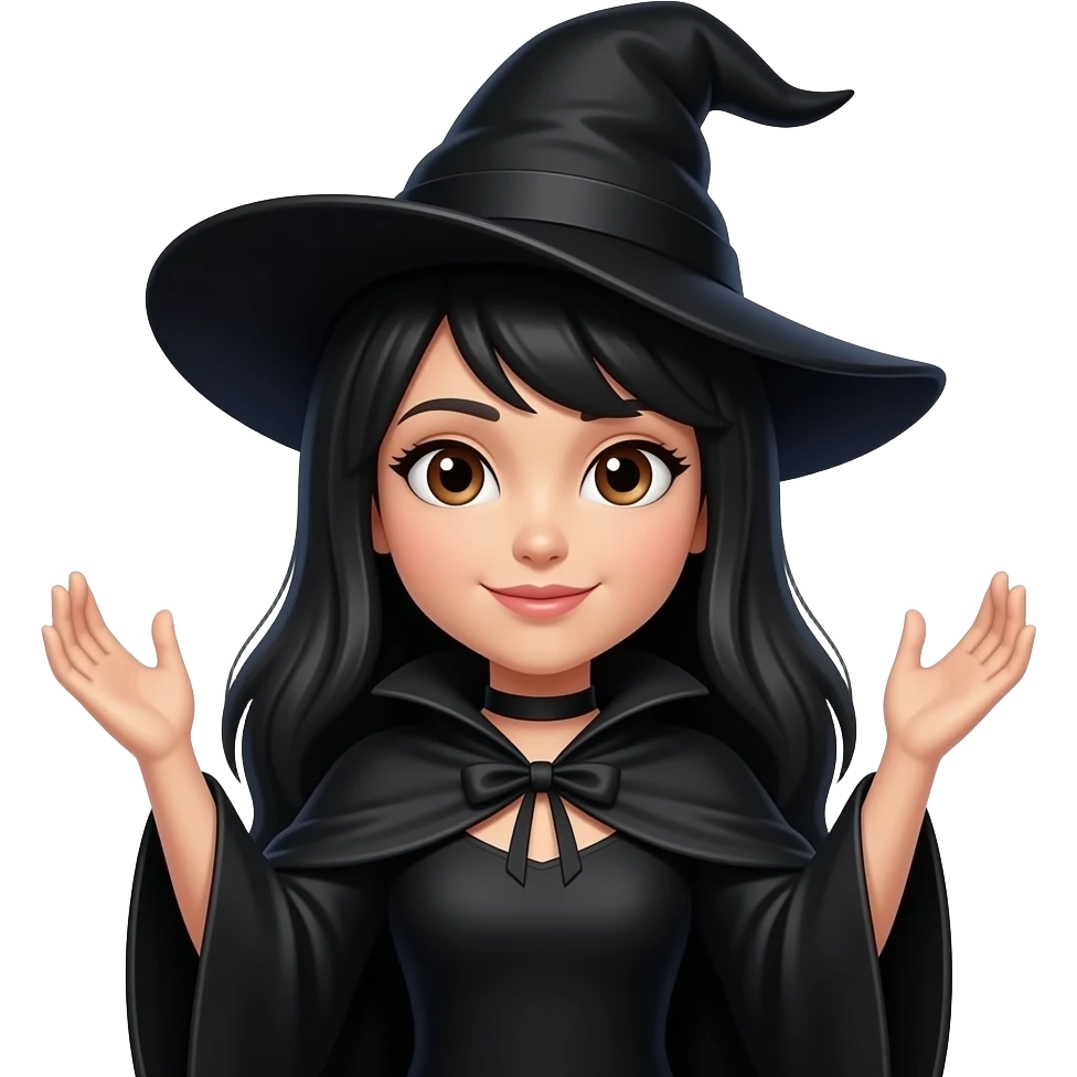 look like an emoji that’s a witch with black cloak and black neck choker and pointy black hat and black dress with black hair with brown eyes and hands up with electricity coming from her fingersr emoji